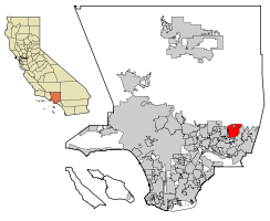 Location of Glendora in شهرستان لس‌آنجلس, کالیفرنیا