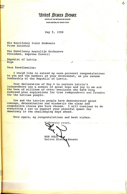 Bob Dole, leader of the Republican Party, letter to Latvia regarding the Independence Restoration Declaration of Latvia in 1990