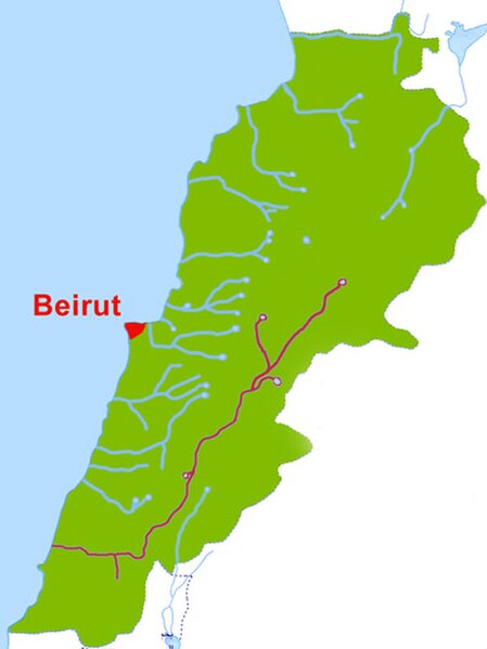 The Litani River in maroon, the Lebanese capital city Beirut in red