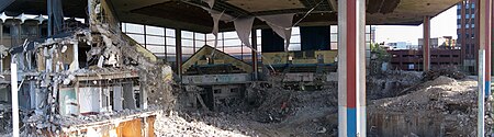 Panorama of demolition Leeds International Pool demolition 007.jpg