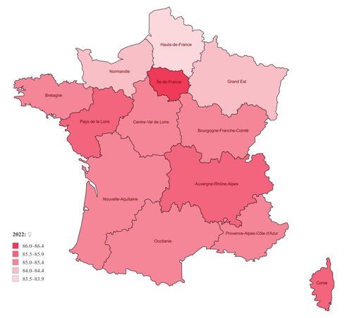 Life expectancy in the regions of metropolitan France in 2022 for male and female[1]