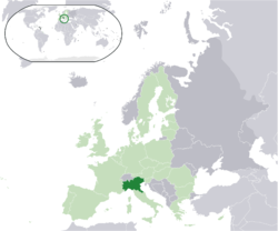 Map of Europe, showing Padania (as claimed by Lega Padana) in dark green Location map PadaniaLegapadana.png