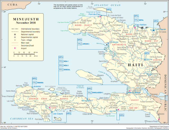 Mapa da situação das tropas da ONU no Haiti em novembro de 2018