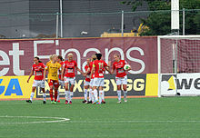 Margrét Lára (right) congratulated after scoring for Kristianstads at Tyresö FF in June 2013