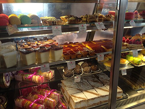 Pastry case at the Mercado de San Miguel in Madrid, Spain