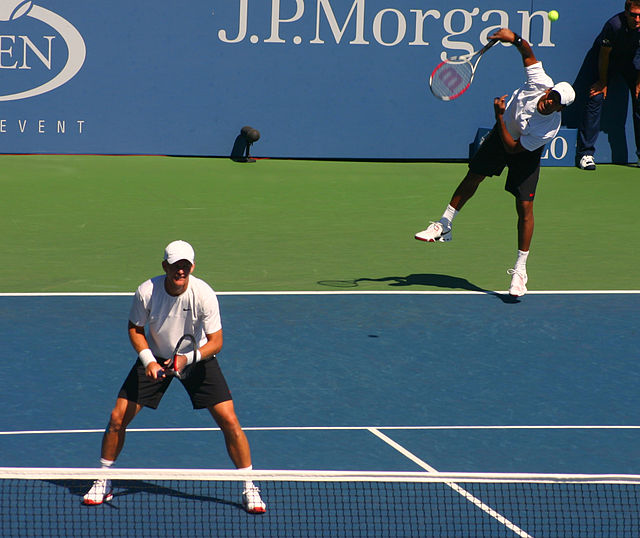 Bhupathi serves in his third-round match partnering Mark Knowles during the 2008 US Open.