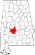 Harta statului Alabama indicând comitatul Dallas