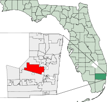 フロリダ州におけるブロワード郡の位置（右図）と、同郡におけるプランテーション市の位置