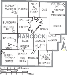 Mappa della contea di Hancock, Ohio, con etichette municipali e di borgata.PNG