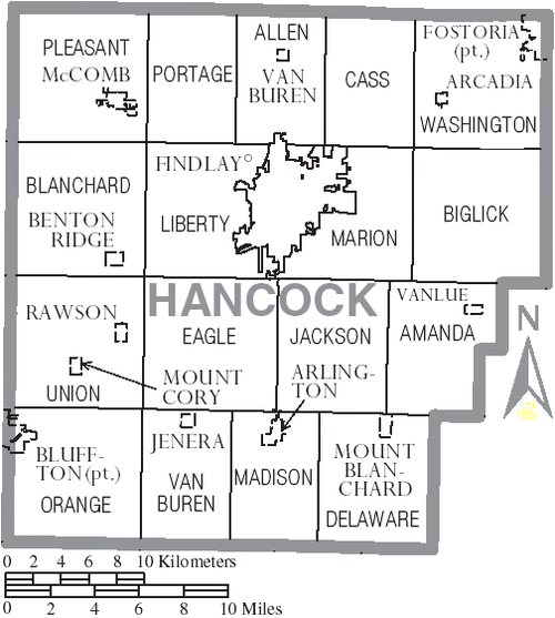 Map of Hancock County, Ohio with Municipal and Township Labels