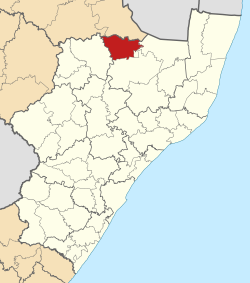 Kaart van Suid-Afrika wat eDumbe in KwaZulu-Natal aandui