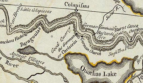 Map of the German Coast, 1775. Carlstein and German Church are located on the westbank of the Mississippi River.[11]