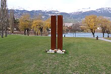 A monument in memory of the 28 victims, including 22 children, died in the March 2012 coach accident in Valais. Memorial-Sierre-13-03-2012-2.jpg