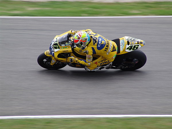 Valentino Rossi, riding his bike at the MotoGP race, which he went on to win.