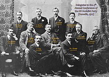Fourth Annual Conference, NZ Socialist Party (Dunedin, 1911 - sitters named in image) New Zealand Socialist Party, fourth annual conference all members named.jpg