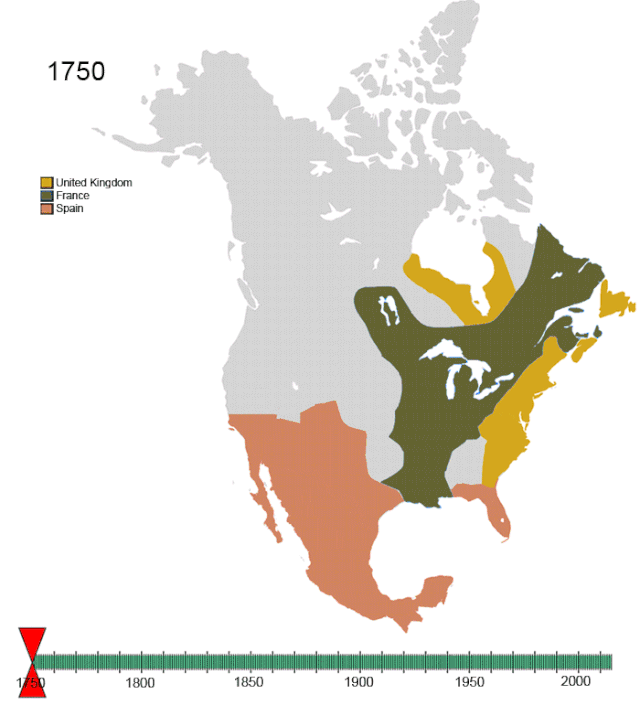 Animated map of North America's territorial evolution from 1750 to 2008 — in the interactive SVG version on a compatible browser, hover over the timeline to step through time