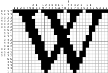 A completed nonogram of the letter "W" from the Wikipedia logo Nonogram wiki.svg