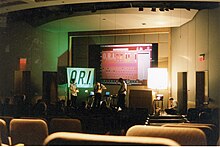 ORI performing at Apple's Town Hall Auditorium in Cupertino CA in 1998 with their custom software BackToBasics projected on the screen behind them.