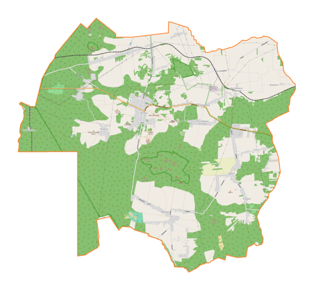 Mapa konturowa gminy Olsztyn, blisko centrum u góry znajduje się punkt z opisem „Olsztyn”