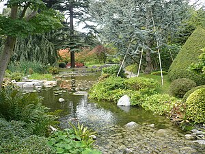 Vue étendue sur le jardin japonais contemporain.
