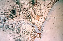 1825 survey map. Singapore's free port trade was at Singapore River for 150 years. Fort Canning hill (centre) was home to its ancient and early colonial rulers. Part of Singapore Island (British Library India Office Records, 1825, detail).jpg