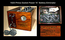 Philco produced Socket Power "A", "B", and "AB" Battery Eliminators, starting in August 1925. Model A-60 "A" Socket Power Battery Eliminator shown. Philco Socket Power A -Battery eliminator--1925.jpg