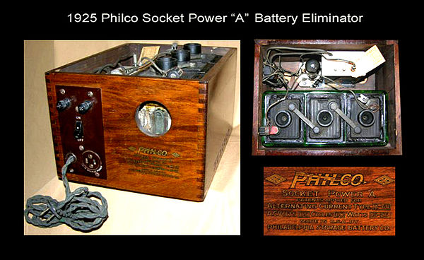 Philco produced Socket Power "A", "B", and "AB" Battery Eliminators, starting in August 1925. Model A-60 "A" Socket Power Battery Eliminator shown.