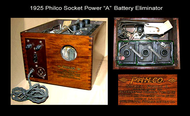 Philco produced Socket Power "A", "B", and "AB" Battery Eliminators, starting in August 1925. Model A-60 "A" Socket Power Battery Eliminator shown.