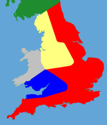 Een kleurgecodeerde kaart met de politieke facties in Groot-Brittannië in 1153