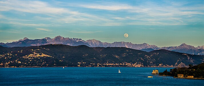 Golfo dei Poeti and villages La Serra and Tellaro from Porto Venere, mountains ... and some times the full moon.