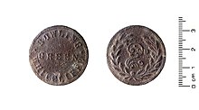 Twopence token from the Bowling Green Inn, Whitcliffe, 19th century Post Medieval, Pub Token (FindID 805681).jpg