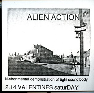 Announcement for a performance by Alien Action, a fusion of bodies, environment and living systems, 1998. Poster by Alien Action, Williamsburg, Brooklyn, Feb 14, 1998.jpg