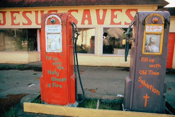 Gas stations abandoned during the crisis were sometimes used for other purposes. This station at Potlatch, Washington, was turned into a revival hall.