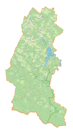 Mapa konturowa powiatu leskiego, u góry znajduje się punkt z opisem „Bezmiechowa Górna”