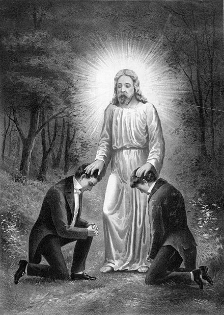 A depiction of Joseph Smith and Oliver Cowdery receiving Priesthood authority from John the Baptist