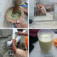 תהליך יצירת באנג בכפר סיקי בפונג'אב, הודו. בפסטיבל הצבעים ההינדי. הקנאביס הוא תוספת מקובלת לכמה משקאות משכרים במדינה.