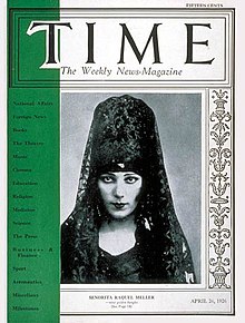 Raquel Meller appeared on the 26 April 1926 cover of Time magazine. Raquel Meller Time magazine cover April 26, 1926.jpg