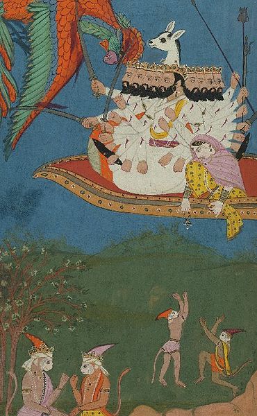 File:Ravana killing Jatayu while the monkeys watch from below as Ravana then carries Sita off the Lanka..jpg