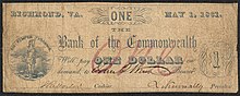 An 1861 Bank of the Commonwealth 1 dollar banknote Recto Bank of the Commonwealth (Virginia) 1 dollar 1861 urn-3 HBS.Baker.AC 1142193.jpeg