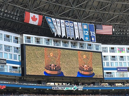 The stadium's video board in 2018, depicting the two Commissioner's Trophies won by the Blue Jays in 1992 and 1993
