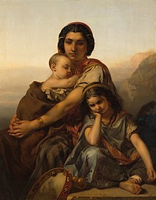 Louis Gallait, Gypsy Woman with Two Children (1852) SA 2112-Een zigeunerin met twee kinderen-"Eene rustende heidin met twee kinderen".jpg