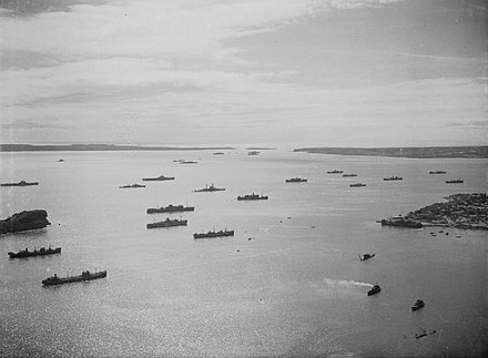 Warships and British merchant ships in the Antsiranana harbour after the French had surrendered on 13 May 1942.