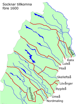 Ennen vuotta 1600 perustetut pitäjät. Anundsjön pitäjä Västernorrlandin läänissä on otettu mukaan, koska Åselen Lappi kuului tähän pitäjään. Tornion (Torneå) pitäjä ulottui nykyisen Suomen puolelle.