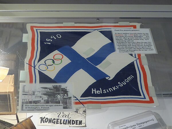 A rare souvenir cloth of the cancelled 1940 Summer Olympics in Helsinki at Sporvejsmuseet Skjoldenæsholm in Denmark. The small picture shows some of t