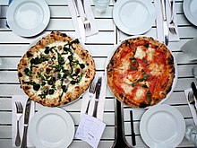 Spicy pugliese and margherita pizzas - NYC Pizza Expedition 2009.jpg
