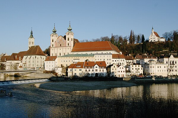 Saint Michael's Church, at the confluence of the Enns and Steyr rivers