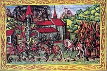 The fortified tower of the church of Thayngen is blown up by the Swabian knights. The defenders jump for their lives, while the village goes up in flames. (Luzerner Schilling). Storm of Thayngen.jpg