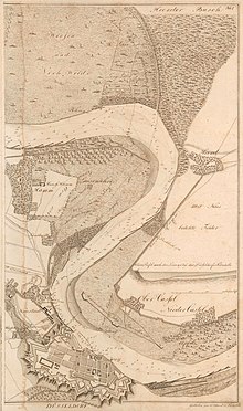 Strom-Veränderung unter Düsseldorf – Wiebekings Darstellung der hydrographischen Verhältnisse am Rheinknie bei Düsseldorf, 1798 (Quelle: Wikimedia)