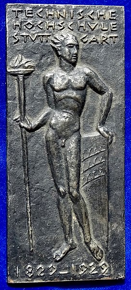 Technische Hochschule Stuttgart 1929, art deco cast iron plaque medal to the 100th anniversary
