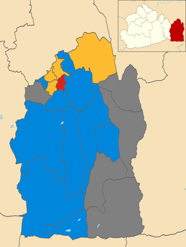 Map of the results of the 2004 Tandridge District Council election. Conservatives in blue, Liberal Democrats in yellow and Labour in red. Wards in grey were not contested in 2004.